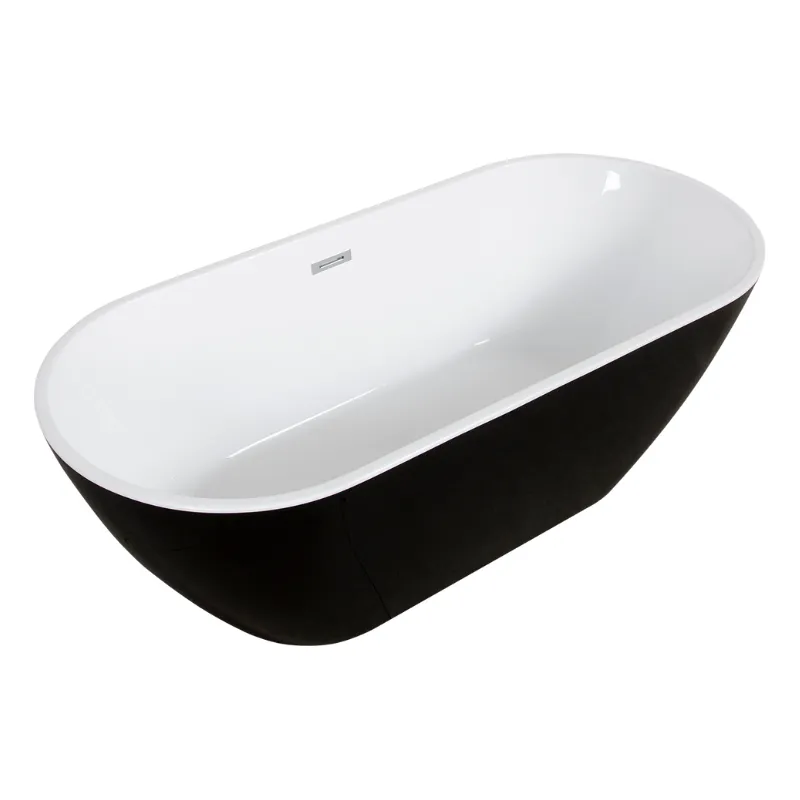 60" Black Acrylic Freestanding Soaking Bathtub with Chrome Overflow and Drain