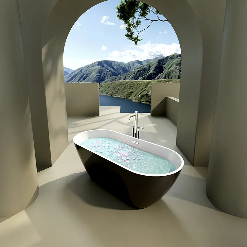 60" Black Acrylic Freestanding Soaking Bathtub with Chrome Overflow and Drain