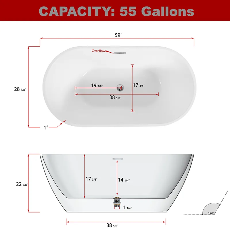 60" Black Acrylic Freestanding Soaking Bathtub with Chrome Overflow and Drain