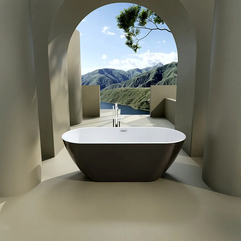 60" Black Acrylic Freestanding Soaking Bathtub with Chrome Overflow and Drain