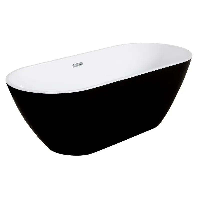 60" Black Acrylic Freestanding Soaking Bathtub with Chrome Overflow and Drain