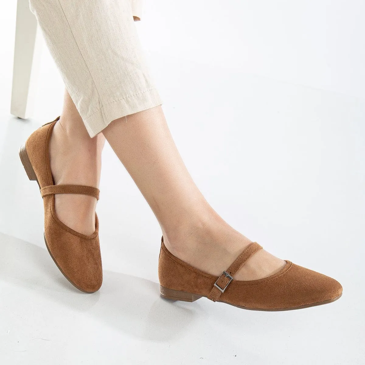Emilie Vegan Suede Mary Jane Flats | Cognac Brown