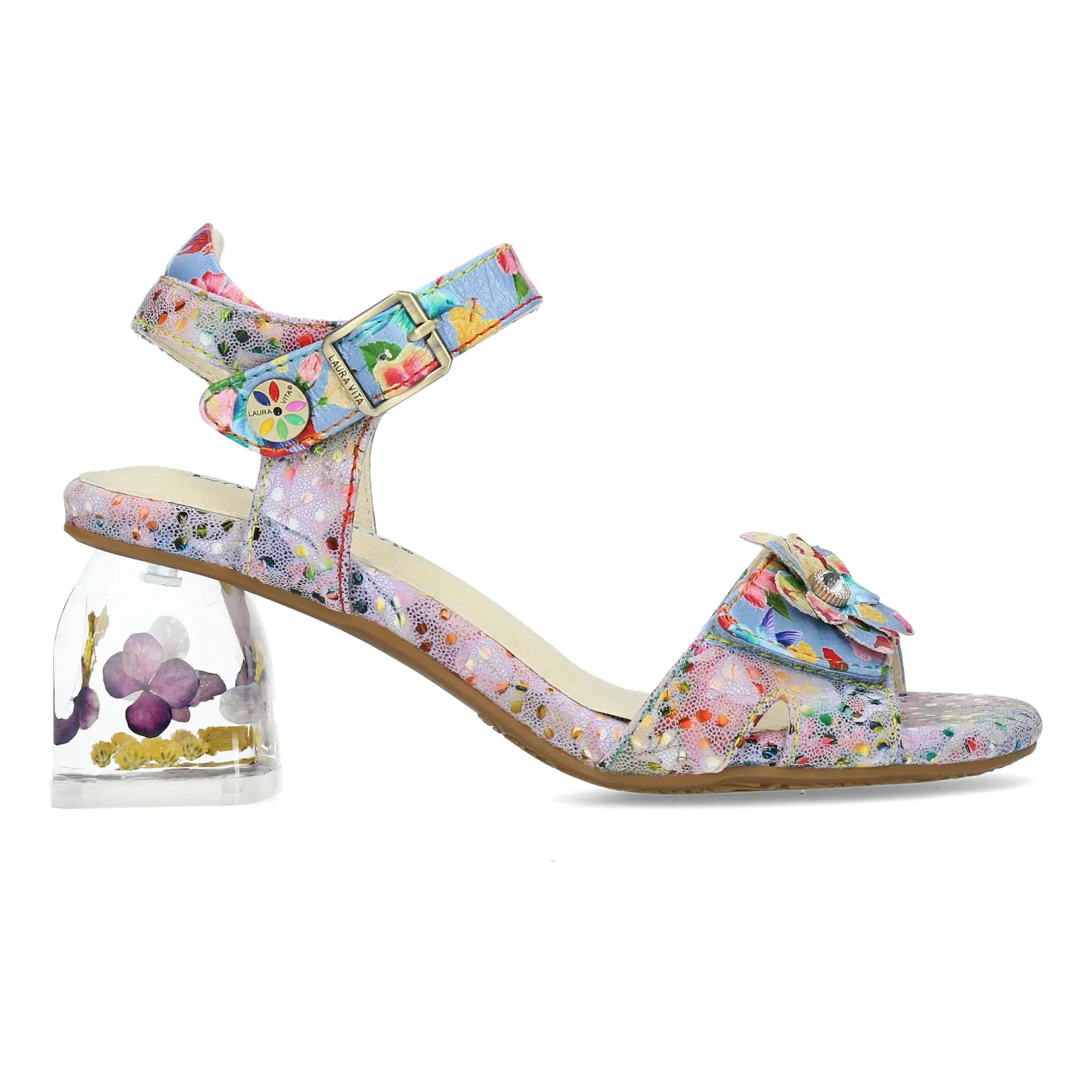 Laura Vita Framboiseo  16 BLEU Touch Fastening Bar Shoe With Floral Heel Trim