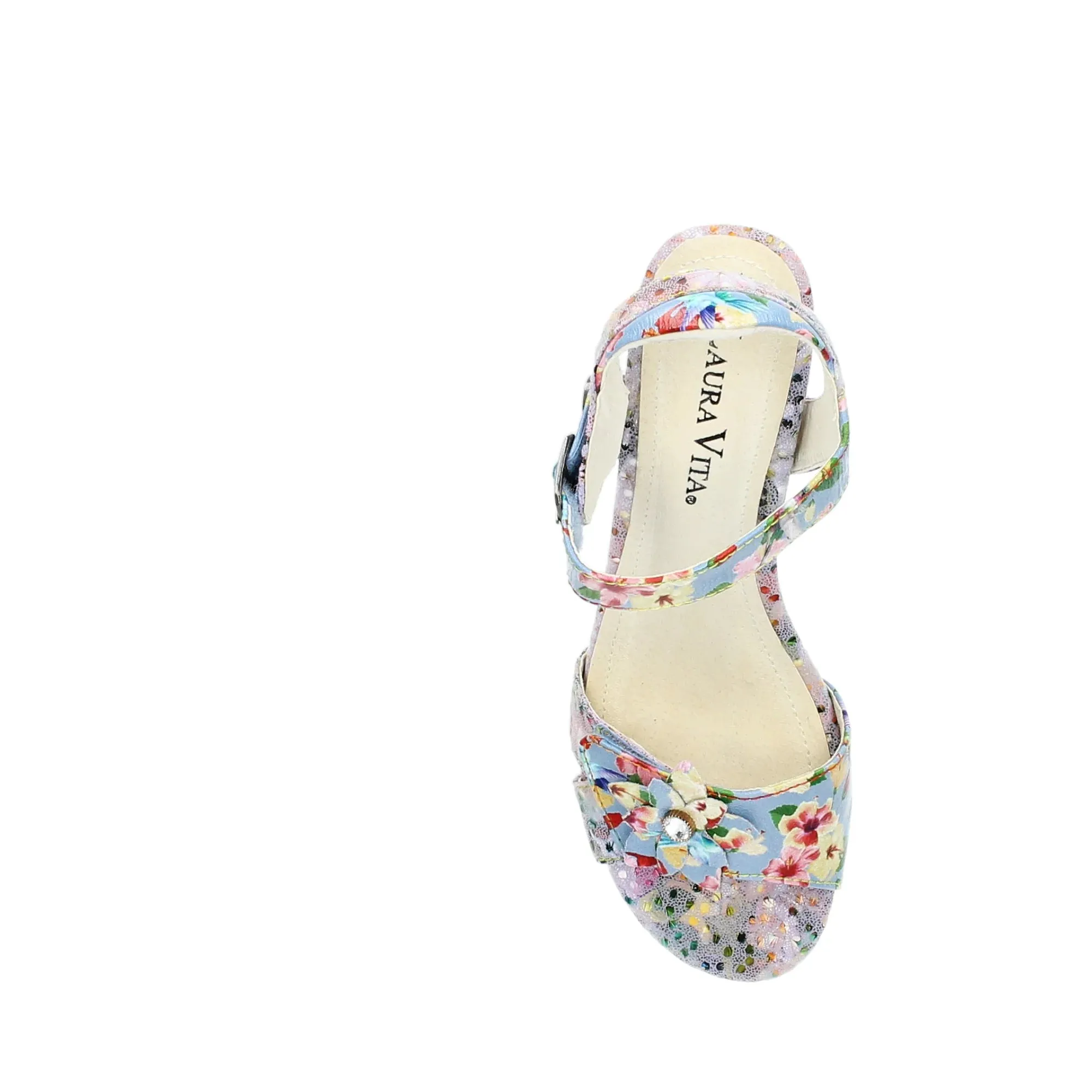 Laura Vita Framboiseo  16 BLEU Touch Fastening Bar Shoe With Floral Heel Trim