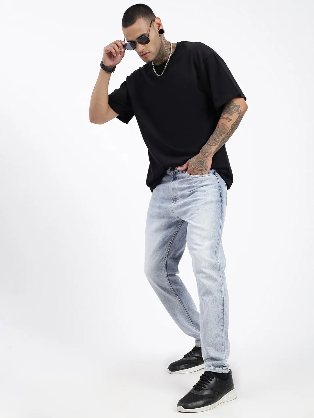 Men Blue Light Acid Wash Relaxed Fit Jeans