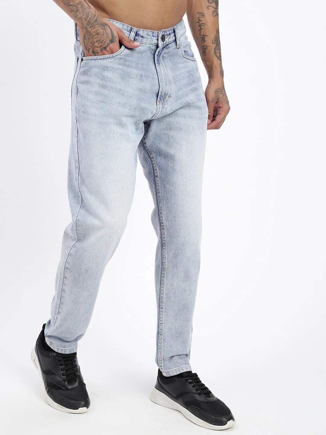 Men Blue Light Acid Wash Relaxed Fit Jeans