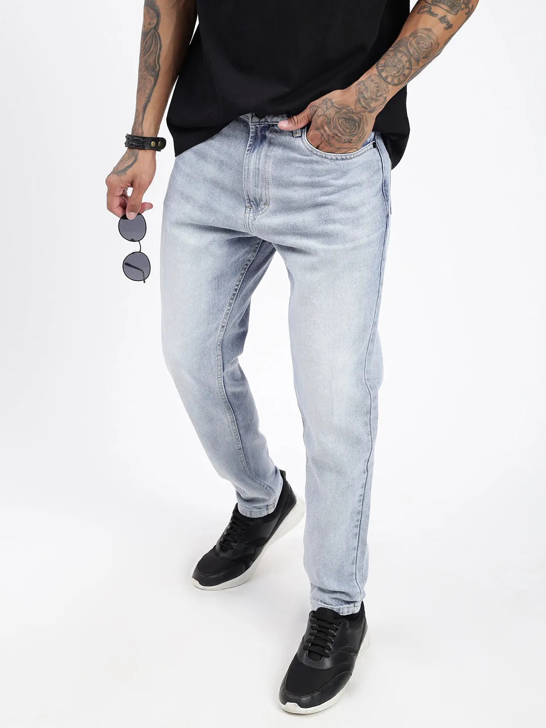 Men Blue Light Acid Wash Relaxed Fit Jeans