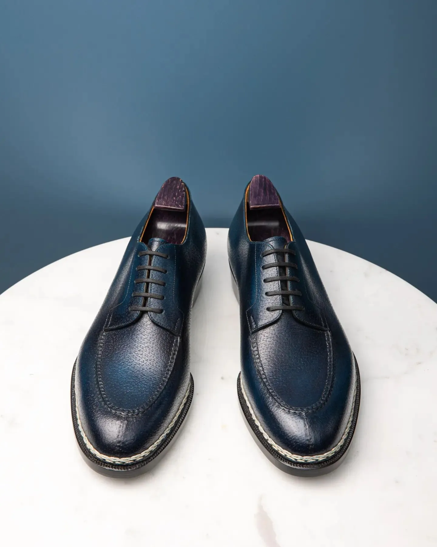 Navy Blue Leather Sharp Style Lace Up Derby Shoes - Summer 2024 Collection