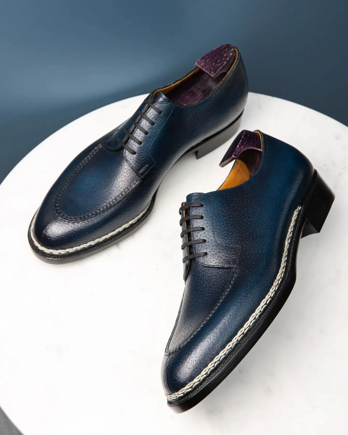 Navy Blue Leather Sharp Style Lace Up Derby Shoes - Summer 2024 Collection