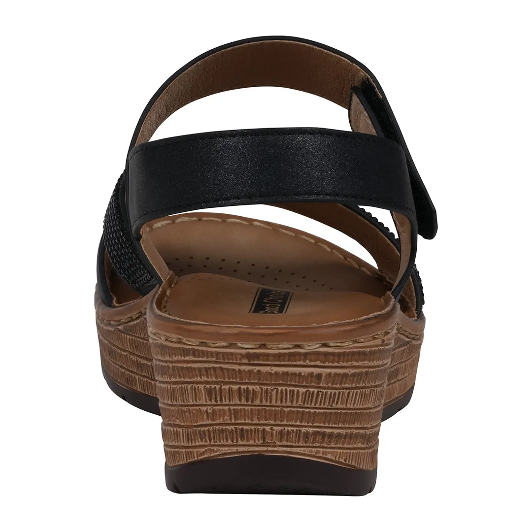 Women's Lux Black Embellished Velcro Wedge Sandals