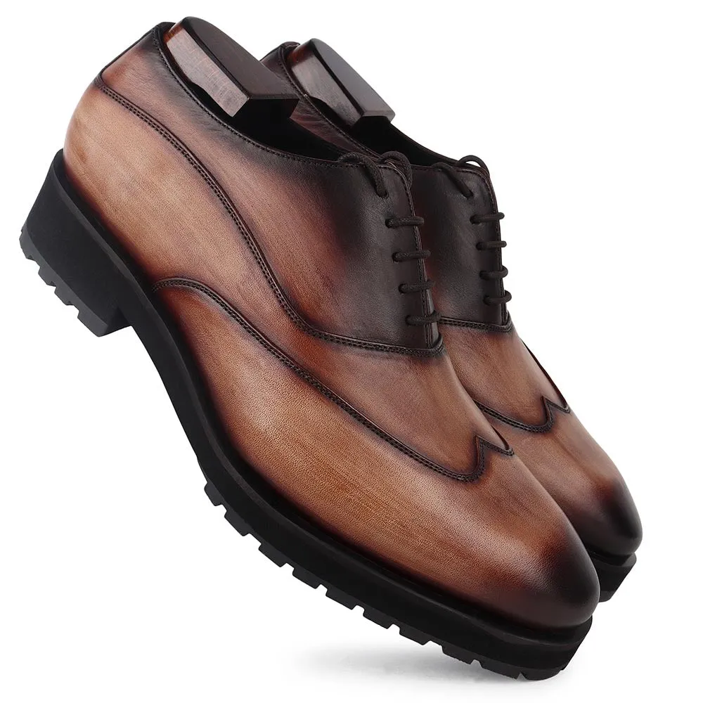 Wooden Brown Patina Sharp Oxfords With Extralight Sole