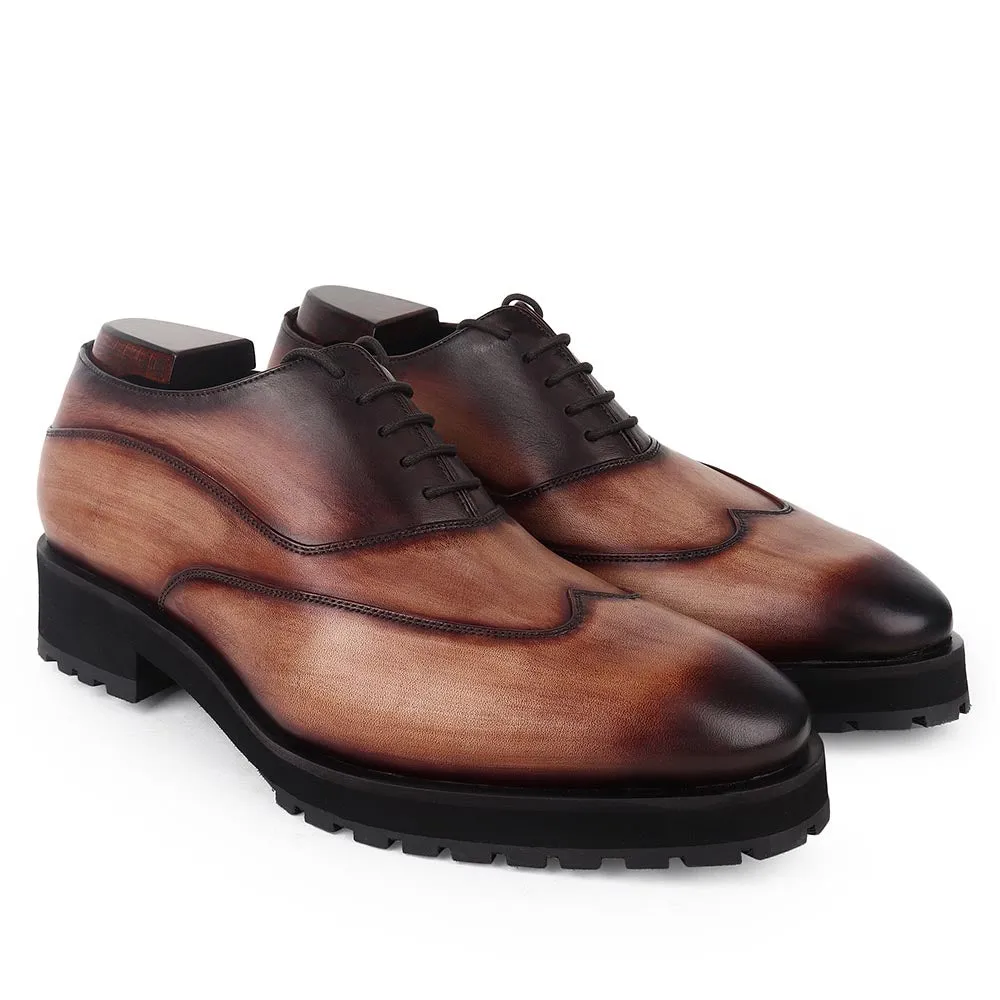 Wooden Brown Patina Sharp Oxfords With Extralight Sole