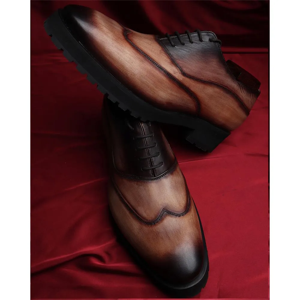 Wooden Brown Patina Sharp Oxfords With Extralight Sole
